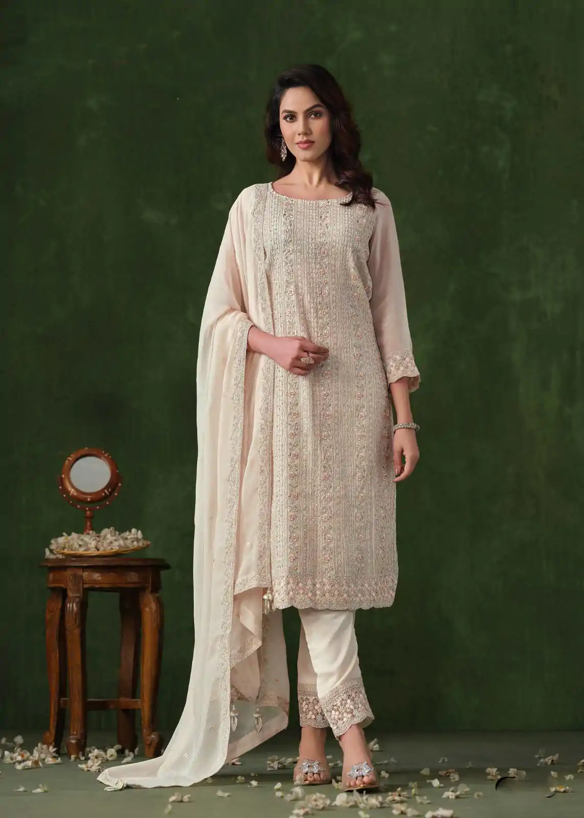 FC 6021 Half White Color Rangoli Coding Sequence Work Salwar Suit Casual, Wedding, Party, Festive, Events Etc.4-6 Working Days@ 2699/-only | Casual Suits, Jump Suits, Creative suits, Designer Suits, Palazzo Suits, Party Wear Suits, Patiala Suits, Salwar suit, Straight Suits