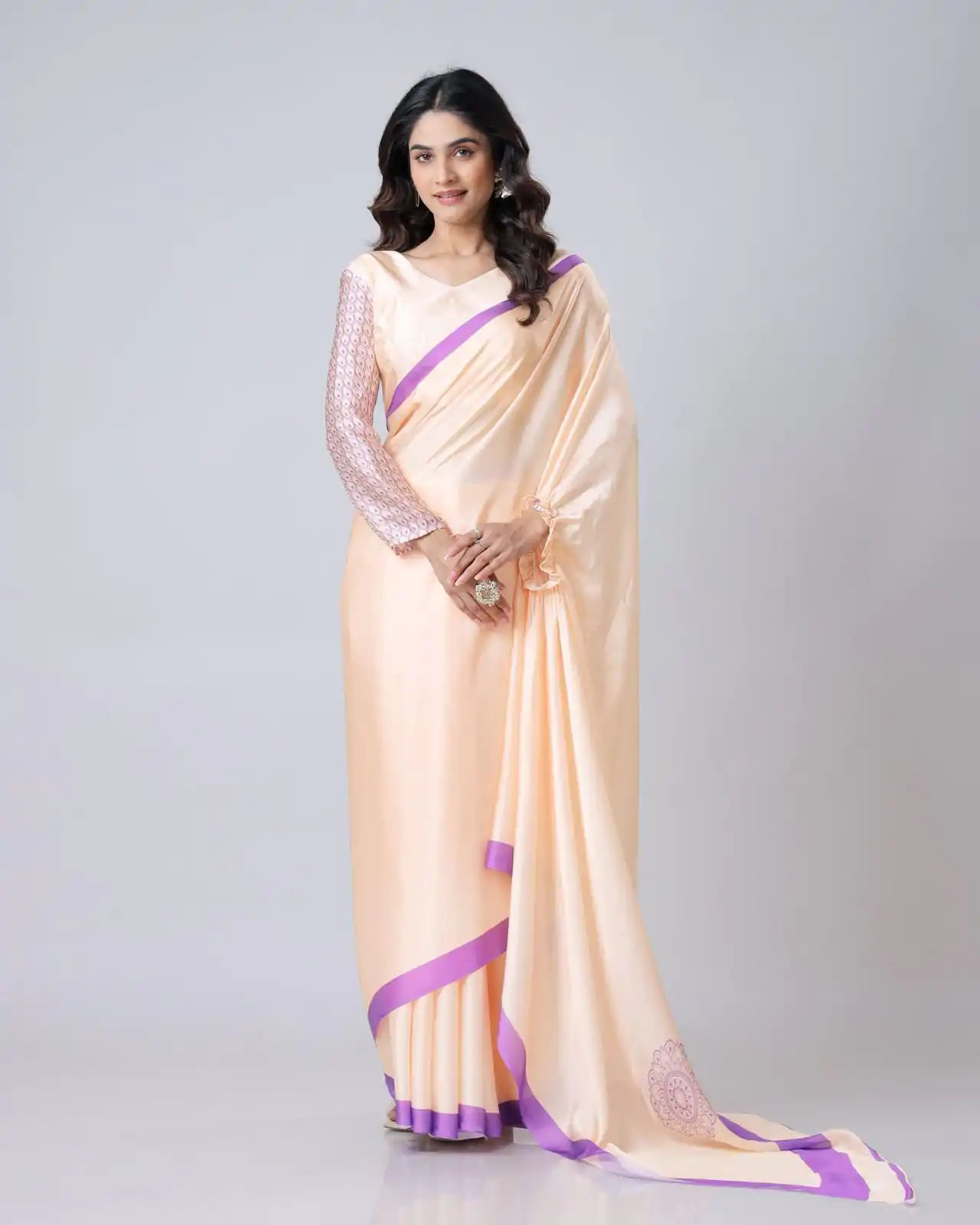 ST 1102B Light Peach Color Japan Satin Digital Print Work Saree Casual, Wedding, Festive, Events . Expected Delivery  4-6 Working Days @1849/- only      | Embroidered Sarees, Bollywood Sarees, Creative Sarees, Designer Sarees, Ethnic Saree, Modern Digital sarees, Party Wear Sarees, Sarees