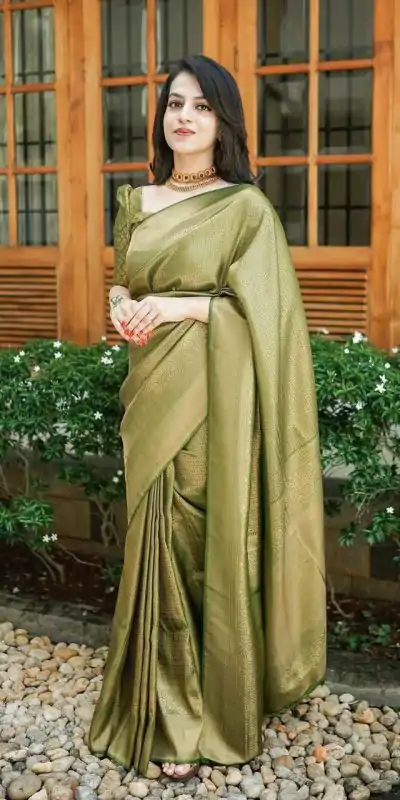 KP 4074 Mehndi Color Lichi Silk Jacquard Work On All Over Saree Casual, Wedding, Festive, Events . Expected Delivery  4-6 Working Days @1399/- only                                                                                                                                           | Embroidered Sarees, Bollywood Sarees, Creative Sarees, Designer Sarees, Ethnic Saree, Modern Digital sarees, Party Wear Sarees, Sarees