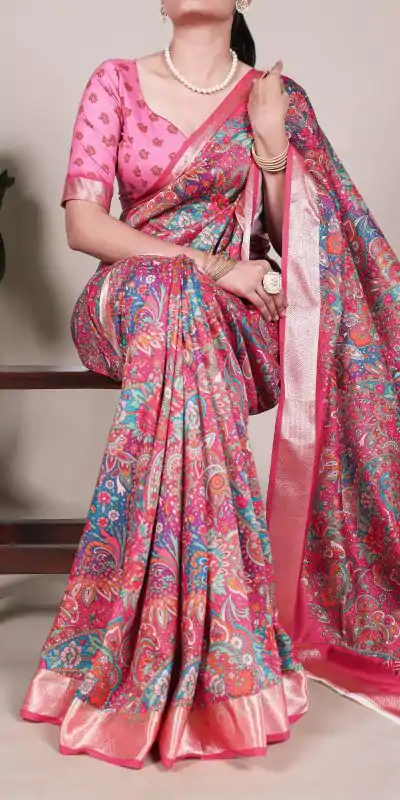 YNF 7019 Pink Color Tushar Silk With Viscose Border Printed Saree Casual, Wedding, Festive, Events . Expected Delivery  4-6 Working Days @1699/- only                                                                                                                                           | Embroidered Sarees, Bollywood Sarees, Creative Sarees, Designer Sarees, Ethnic Saree, Modern Digital sarees, Party Wear Sarees, Sarees