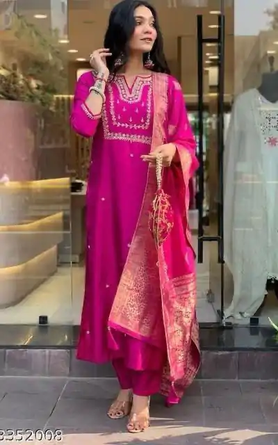 MF 749 Rani pink Color Roman Silk Coding Work Salwar Suit Casual, Wedding, Party, Festive, Events Etc.4-6 Working Days@ 1699/-only | Casual Suits, Jump Suits, Creative suits, Designer Suits, Palazzo Suits, Party Wear Suits, Patiala Suits, Salwar suit, Straight Suits