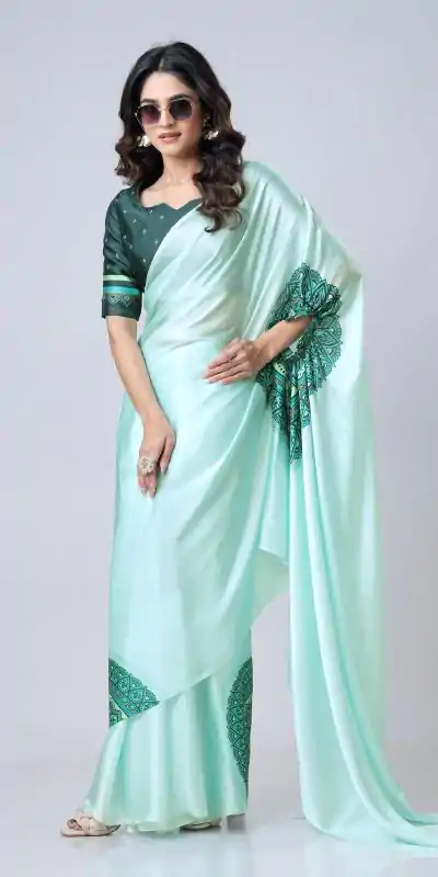ST 1102B Sea Green Color Japan Satin Digital Print Work Saree Casual, Wedding, Festive, Events . Expected Delivery  4-6 Working Days @1849/- only      | Embroidered Sarees, Bollywood Sarees, Creative Sarees, Designer Sarees, Ethnic Saree, Modern Digital sarees, Party Wear Sarees, Sarees