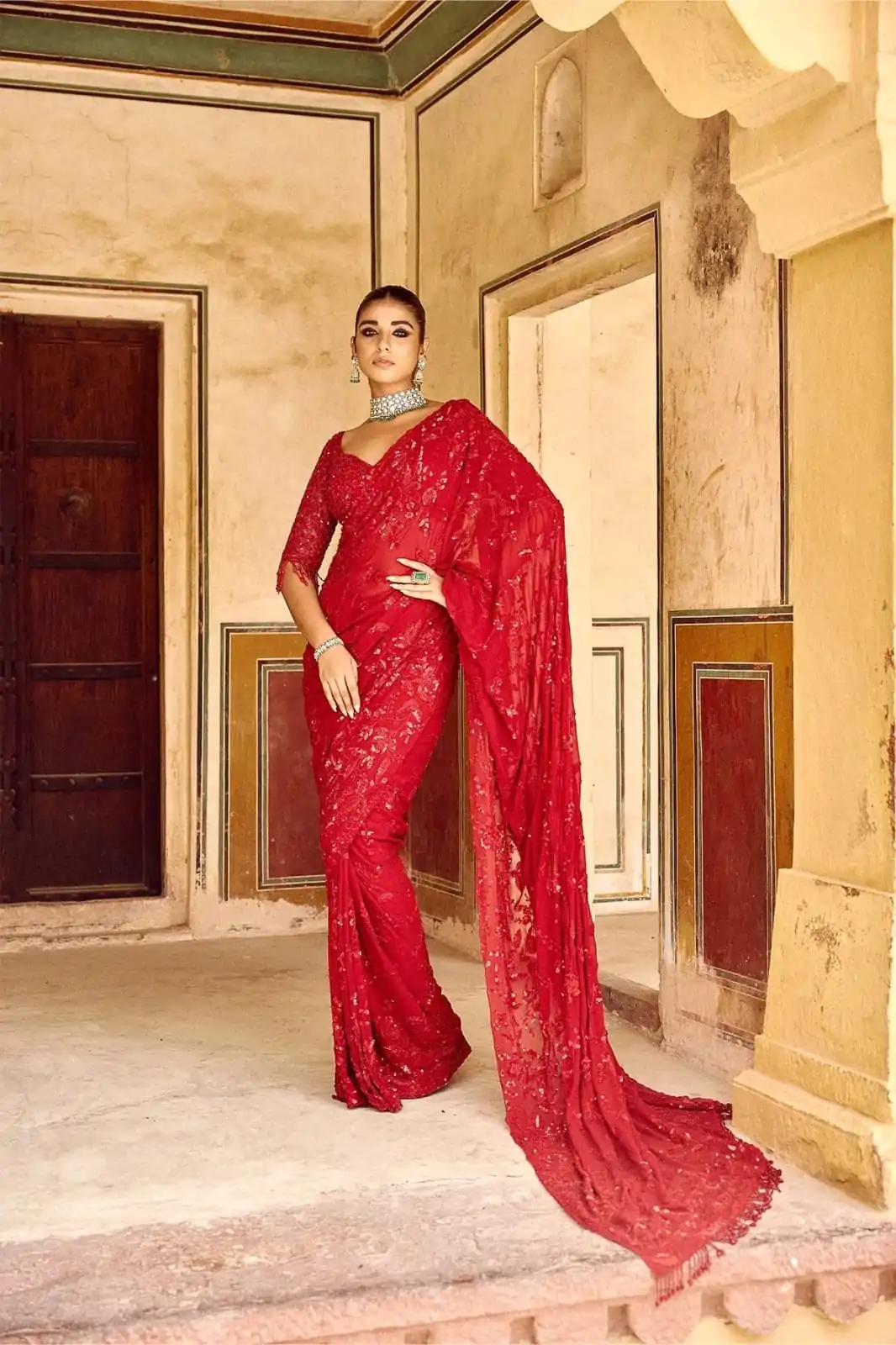 DF 3447 Red Color Georgette Sequins Embroidery work Saree Casual, Wedding, Festive, Events . Expected Delivery  4-6 Working Days @1799/- only                                                                                                                                             | Embroidered Sarees, Bollywood Sarees, Creative Sarees, Designer Sarees, Ethnic Saree, Modern Digital sarees, Party Wear Sarees, Sarees