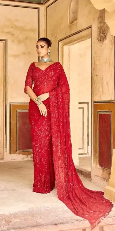 DF 3447 Red Color Georgette Sequins Embroidery work Saree Casual, Wedding, Festive, Events . Expected Delivery  4-6 Working Days @1799/- only                                                                                                                                             | Embroidered Sarees, Bollywood Sarees, Creative Sarees, Designer Sarees, Ethnic Saree, Modern Digital sarees, Party Wear Sarees, Sarees