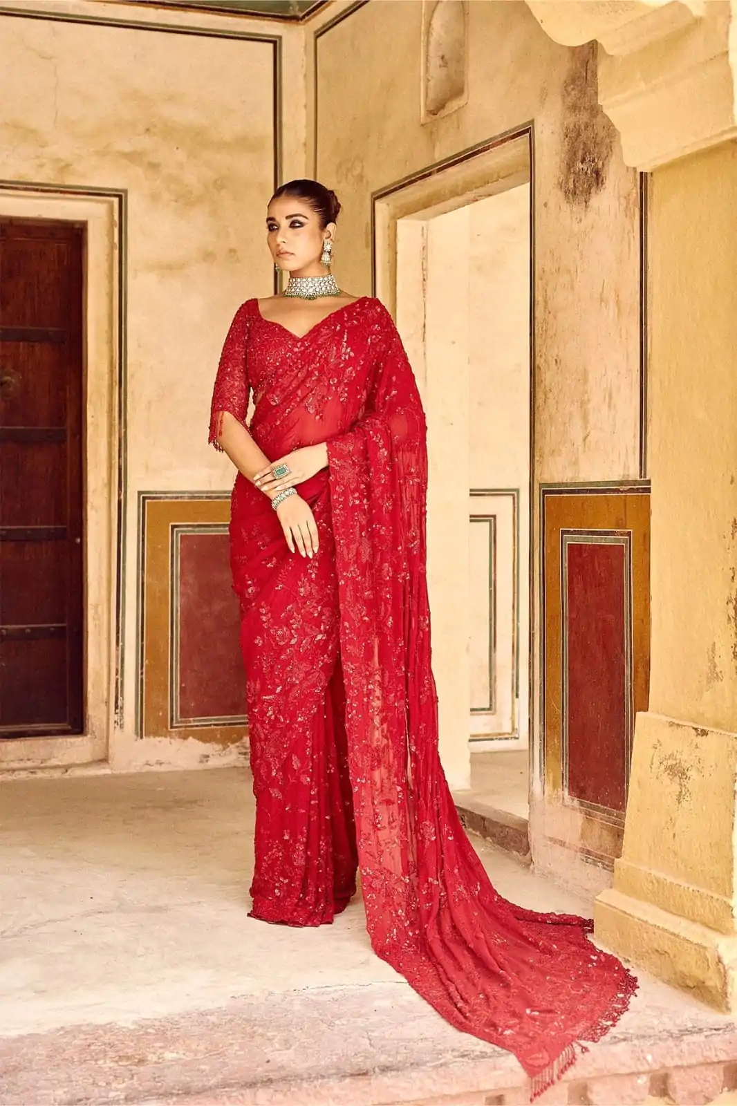 DF 3447 Red Color Georgette Sequins Embroidery work Saree Casual, Wedding, Festive, Events . Expected Delivery  4-6 Working Days @1799/- only                                                                                                                                             | Embroidered Sarees, Bollywood Sarees, Creative Sarees, Designer Sarees, Ethnic Saree, Modern Digital sarees, Party Wear Sarees, Sarees