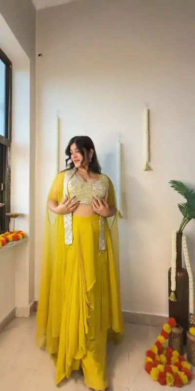LG 1931 Yellow Color Georgette Sequence Work On Front Dhoti Suit Casual, Wedding, Festive, Events . Expected Delivery  4-6 Working Days @1999/- only      | Casual Suits, Jump Suits, Creative suits, Designer Suits, Palazzo Suits, Party Wear Suits, Patiala Suits, Salwar suit, Straight Suits