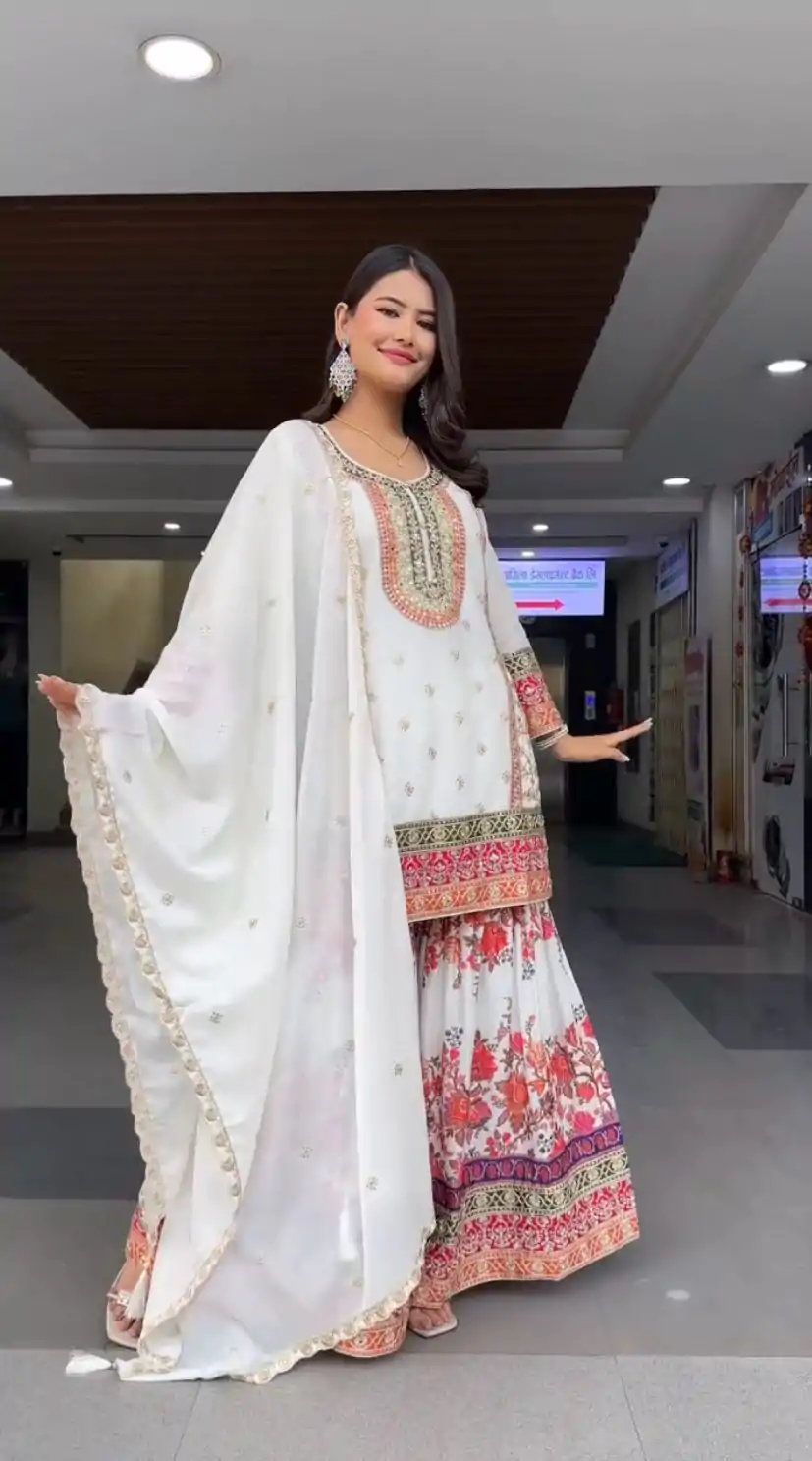 KF 1680 White Color Georgette Sequences Work Salwar Suit Casual, Wedding, Festive, Events . Expected Delivery  4-6 Working Days @2199/- only      | Casual Suits, Jump Suits, Creative suits, Designer Suits, Palazzo Suits, Party Wear Suits, Patiala Suits, Salwar suit, Straight Suits