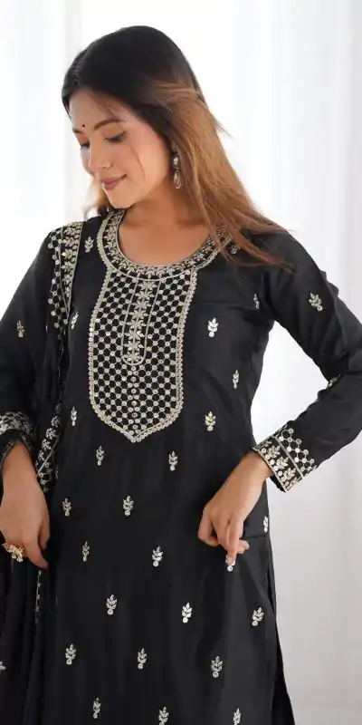 KB 282 Black Color Chinon Silk Embroidery With Jari Work Salwar Suit Casual, Wedding, Festive, Events . Expected Delivery  4-6 Working Days @1949/- only      | Casual Suits, Jump Suits, Creative suits, Designer Suits, Palazzo Suits, Party Wear Suits, Patiala Suits, Salwar suit, Straight Suits
