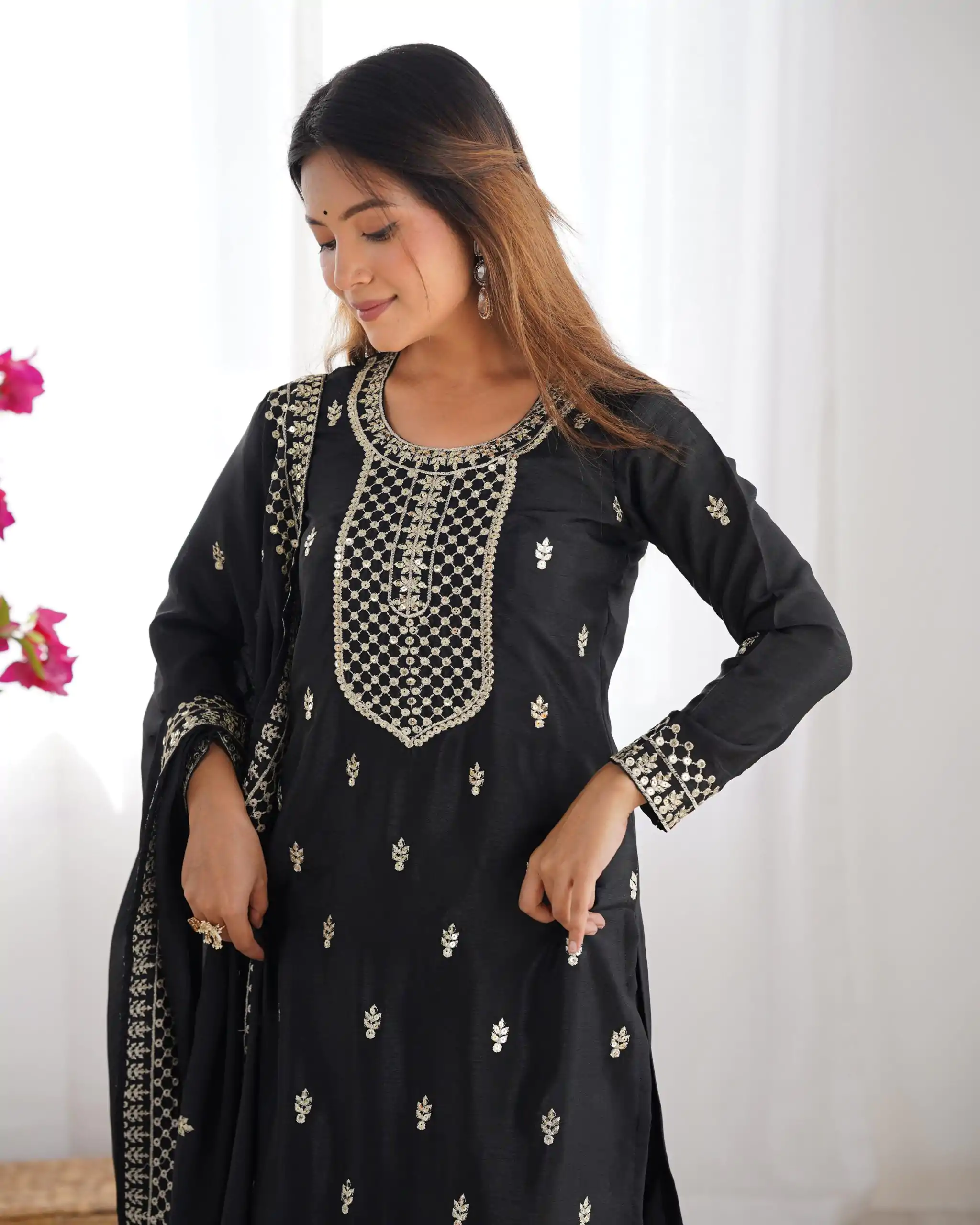 KB 282 Black Color Chinon Silk Embroidery With Jari Work Salwar Suit Casual, Wedding, Festive, Events . Expected Delivery  4-6 Working Days @1949/- only      | Casual Suits, Jump Suits, Creative suits, Designer Suits, Palazzo Suits, Party Wear Suits, Patiala Suits, Salwar suit, Straight Suits