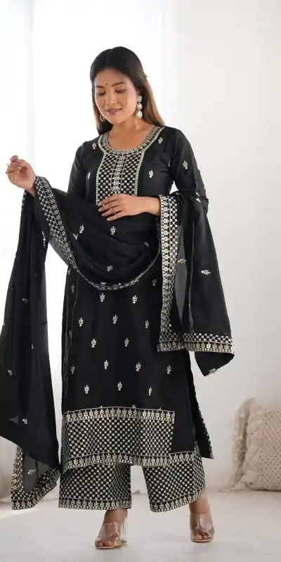 KB 282 Black Color Chinon Silk Embroidery With Jari Work Salwar Suit Casual, Wedding, Festive, Events . Expected Delivery  4-6 Working Days @1949/- only      | Casual Suits, Jump Suits, Creative suits, Designer Suits, Palazzo Suits, Party Wear Suits, Patiala Suits, Salwar suit, Straight Suits