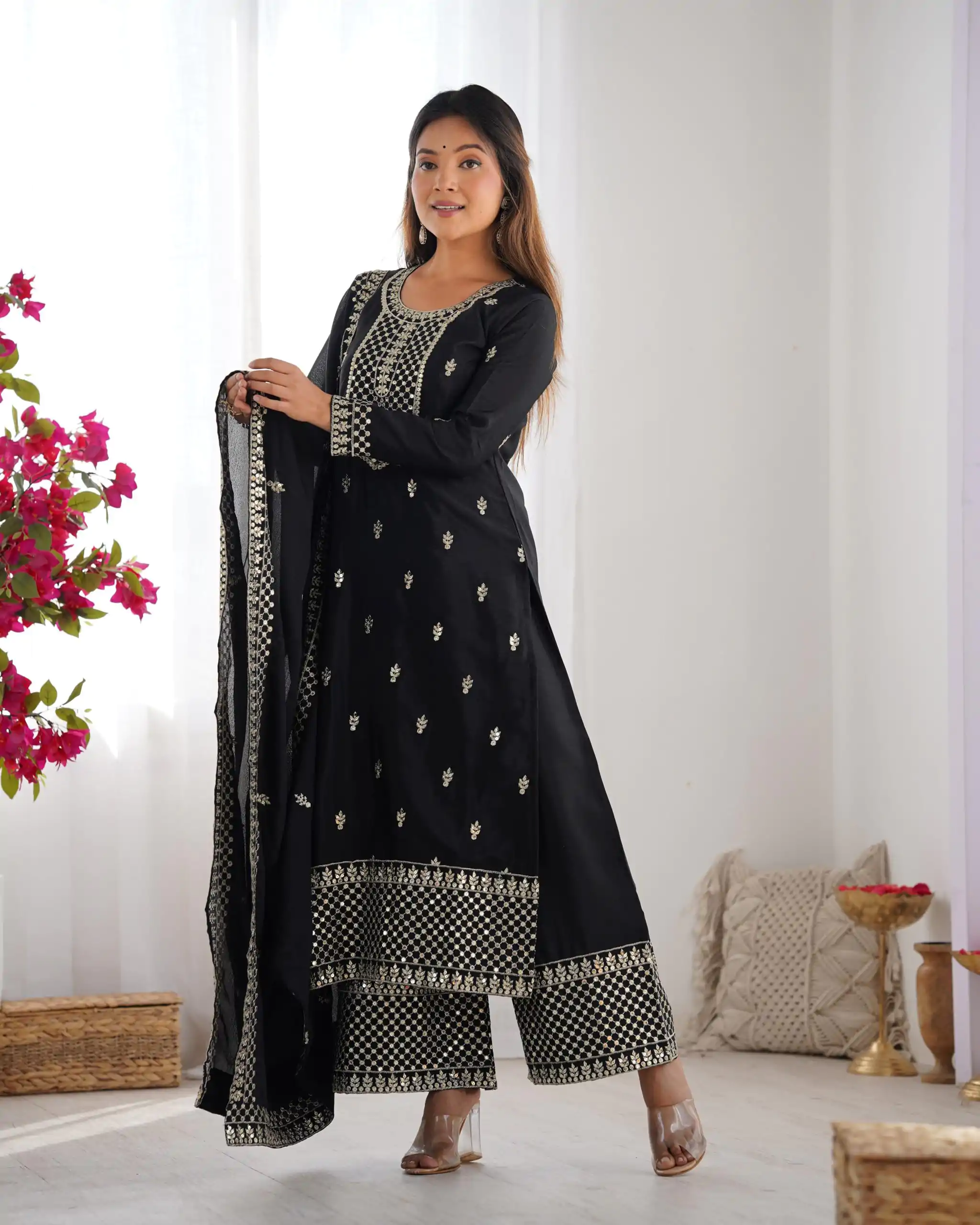 KB 282 Black Color Chinon Silk Embroidery With Jari Work Salwar Suit Casual, Wedding, Festive, Events . Expected Delivery  4-6 Working Days @1949/- only      | Casual Suits, Jump Suits, Creative suits, Designer Suits, Palazzo Suits, Party Wear Suits, Patiala Suits, Salwar suit, Straight Suits