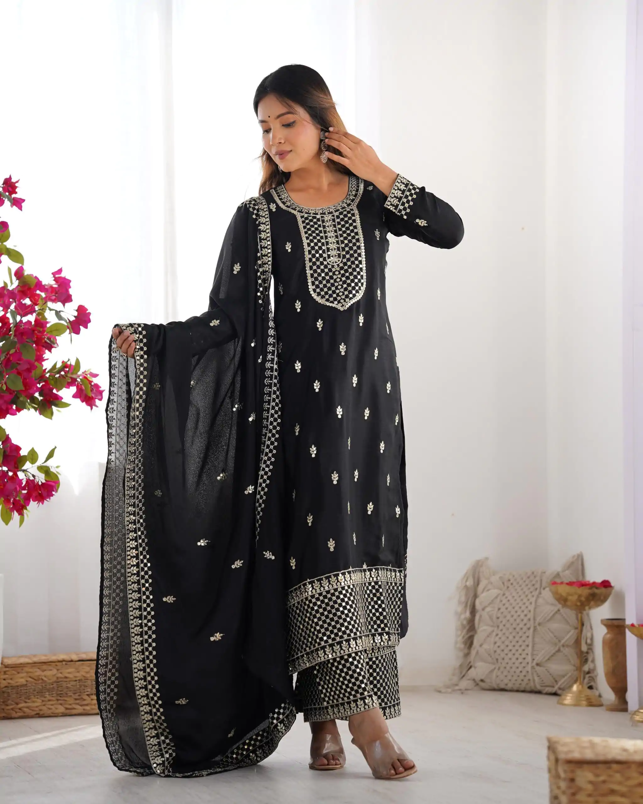 KB 282 Black Color Chinon Silk Embroidery With Jari Work Salwar Suit Casual, Wedding, Festive, Events . Expected Delivery  4-6 Working Days @1949/- only      | Casual Suits, Jump Suits, Creative suits, Designer Suits, Palazzo Suits, Party Wear Suits, Patiala Suits, Salwar suit, Straight Suits