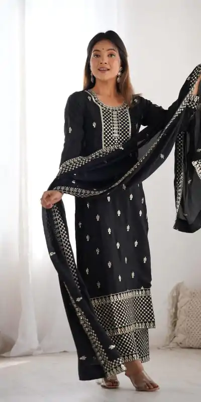 KB 282 Black Color Chinon Silk Embroidery With Jari Work Salwar Suit Casual, Wedding, Festive, Events . Expected Delivery  4-6 Working Days @1949/- only      | Casual Suits, Jump Suits, Creative suits, Designer Suits, Palazzo Suits, Party Wear Suits, Patiala Suits, Salwar suit, Straight Suits