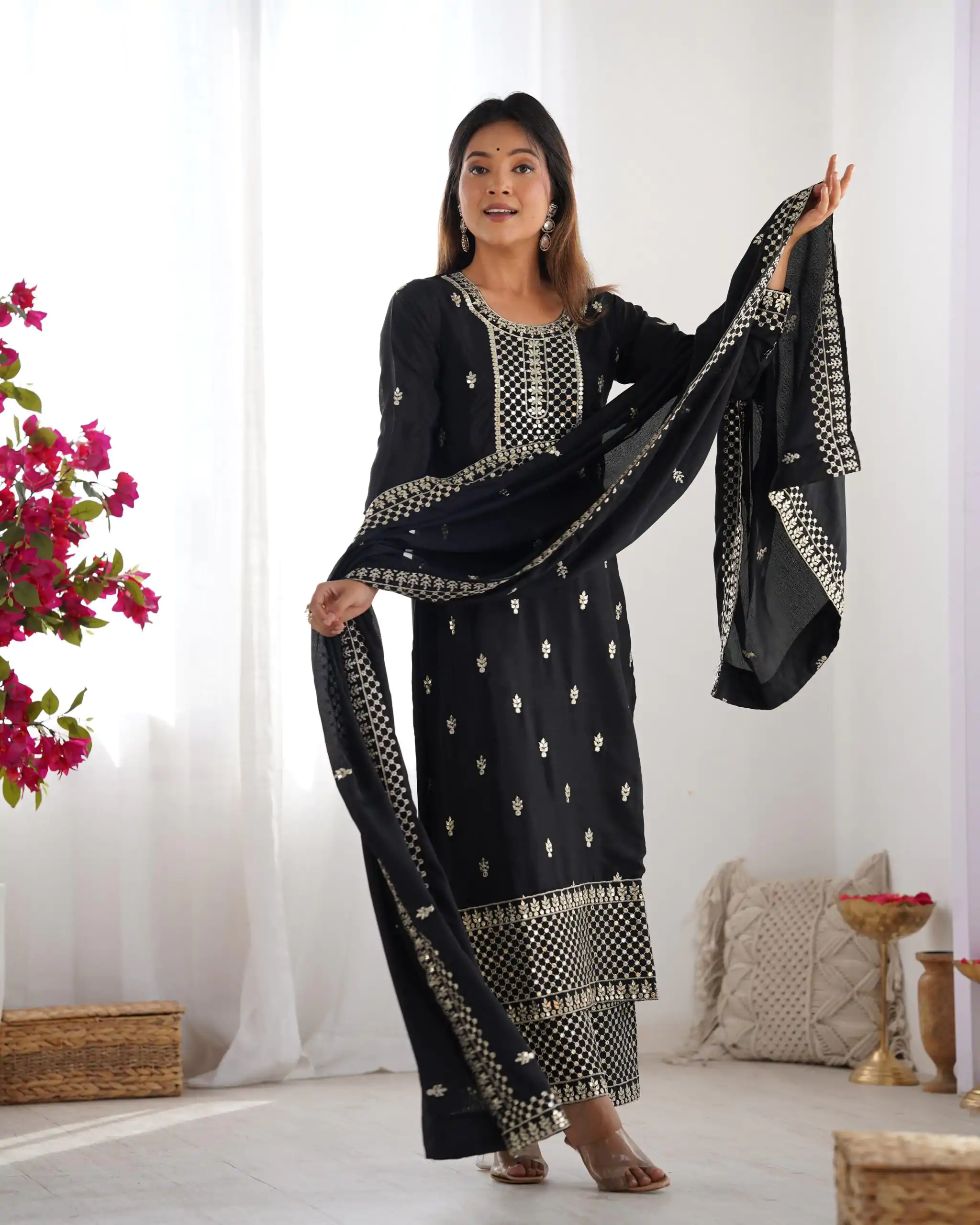 KB 282 Black Color Chinon Silk Embroidery With Jari Work Salwar Suit Casual, Wedding, Festive, Events . Expected Delivery  4-6 Working Days @1949/- only      | Casual Suits, Jump Suits, Creative suits, Designer Suits, Palazzo Suits, Party Wear Suits, Patiala Suits, Salwar suit, Straight Suits