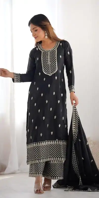 KB 282 Black Color Chinon Silk Embroidery With Jari Work Salwar Suit Casual, Wedding, Festive, Events . Expected Delivery  4-6 Working Days @1949/- only      | Casual Suits, Jump Suits, Creative suits, Designer Suits, Palazzo Suits, Party Wear Suits, Patiala Suits, Salwar suit, Straight Suits