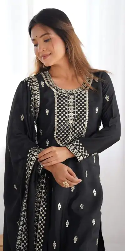 KB 282 Black Color Chinon Silk Embroidery With Jari Work Salwar Suit Casual, Wedding, Festive, Events . Expected Delivery  4-6 Working Days @1949/- only      | Casual Suits, Jump Suits, Creative suits, Designer Suits, Palazzo Suits, Party Wear Suits, Patiala Suits, Salwar suit, Straight Suits