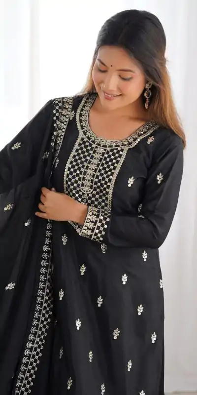 KB 282 Black Color Chinon Silk Embroidery With Jari Work Salwar Suit Casual, Wedding, Festive, Events . Expected Delivery  4-6 Working Days @1949/- only      | Casual Suits, Jump Suits, Creative suits, Designer Suits, Palazzo Suits, Party Wear Suits, Patiala Suits, Salwar suit, Straight Suits