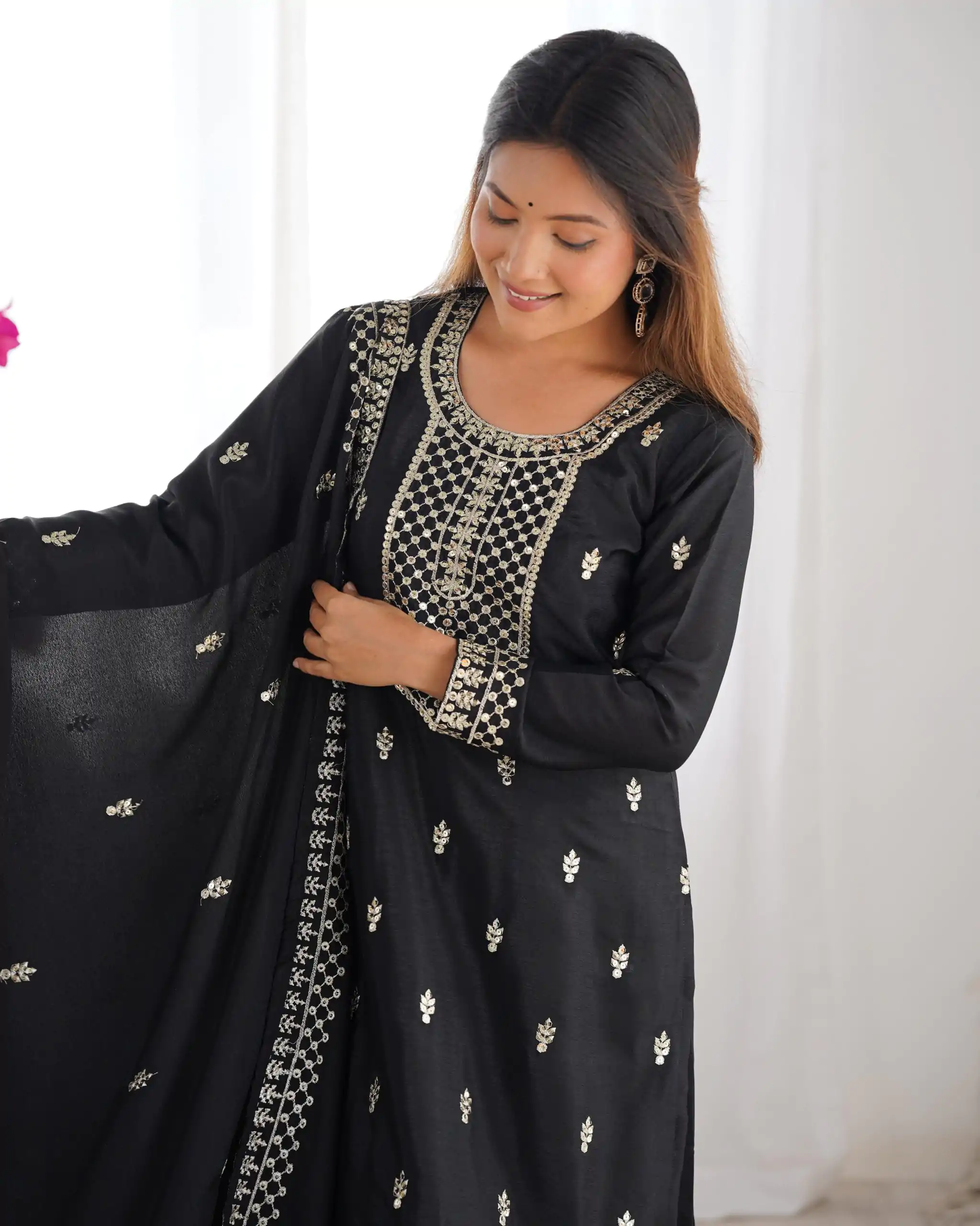 KB 282 Black Color Chinon Silk Embroidery With Jari Work Salwar Suit Casual, Wedding, Festive, Events . Expected Delivery  4-6 Working Days @1949/- only      | Casual Suits, Jump Suits, Creative suits, Designer Suits, Palazzo Suits, Party Wear Suits, Patiala Suits, Salwar suit, Straight Suits