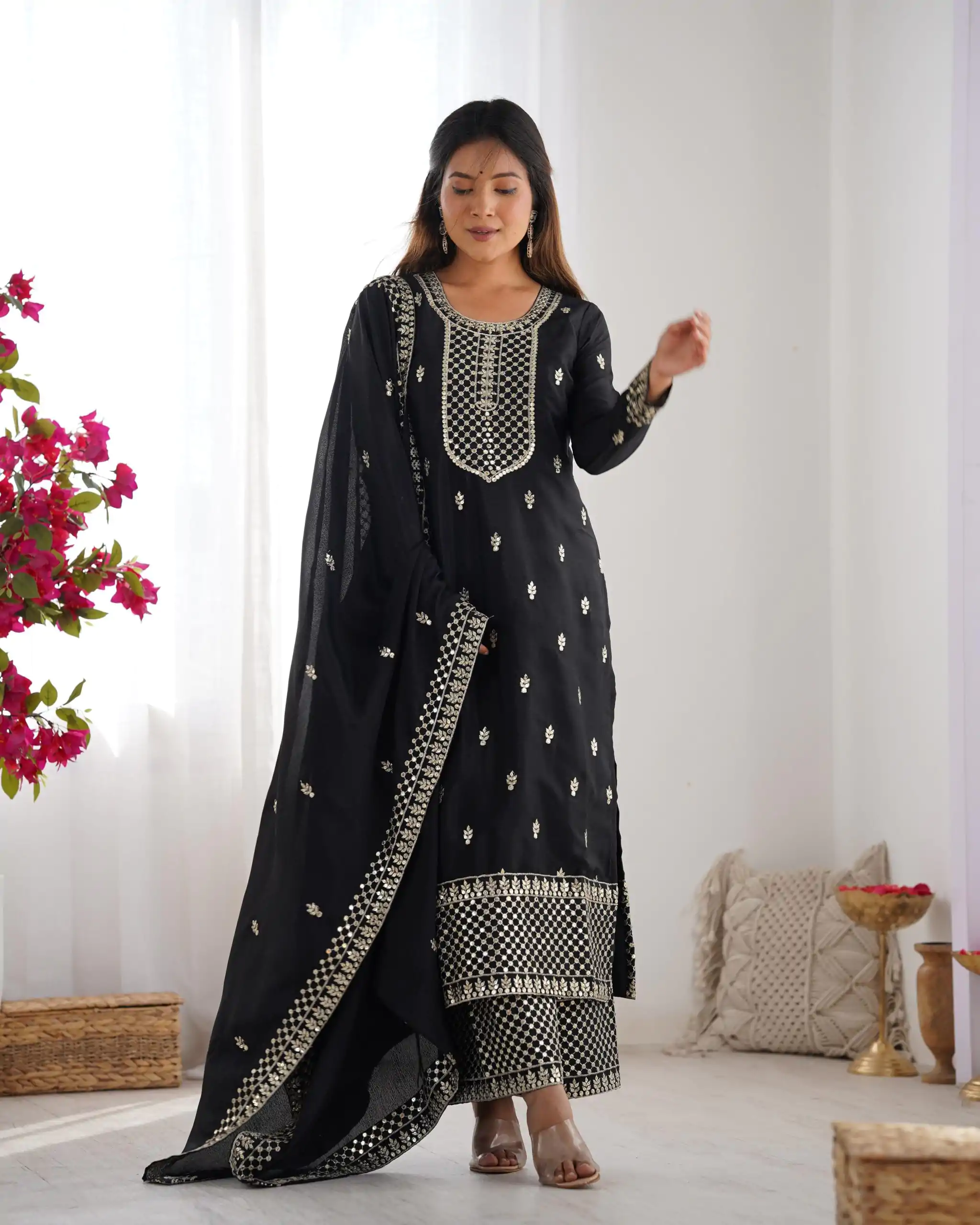 KB 282 Black Color Chinon Silk Embroidery With Jari Work Salwar Suit Casual, Wedding, Festive, Events . Expected Delivery  4-6 Working Days @1949/- only      | Casual Suits, Jump Suits, Creative suits, Designer Suits, Palazzo Suits, Party Wear Suits, Patiala Suits, Salwar suit, Straight Suits