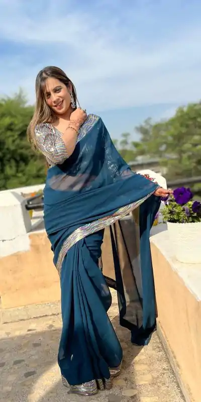 JR 579 Peacock Blue Color Georgette Sequence Work Lace Saree Casual, Wedding, Festive, Events . Expected Delivery  4-6 Working Days @1599/- only                                                                                                                                             | Embroidered Sarees, Bollywood Sarees, Creative Sarees, Designer Sarees, Ethnic Saree, Modern Digital sarees, Party Wear Sarees, Sarees