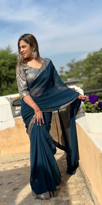 JR 579 Peacock Blue Color Georgette Sequence Work Lace Saree Casual, Wedding, Festive, Events . Expected Delivery  4-6 Working Days @1599/- only                                                                                                                                             | Embroidered Sarees, Bollywood Sarees, Creative Sarees, Designer Sarees, Ethnic Saree, Modern Digital sarees, Party Wear Sarees, Sarees