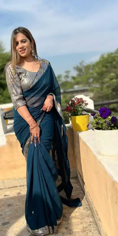 JR 579 Peacock Blue Color Georgette Sequence Work Lace Saree Casual, Wedding, Festive, Events . Expected Delivery  4-6 Working Days @1599/- only                                                                                                                                             | Embroidered Sarees, Bollywood Sarees, Creative Sarees, Designer Sarees, Ethnic Saree, Modern Digital sarees, Party Wear Sarees, Sarees