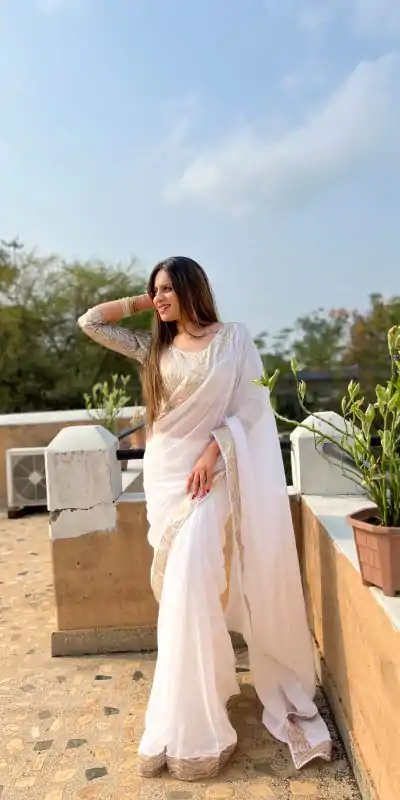 JR 579 White Color Georgette Sequence Work Lace Saree Casual, Wedding, Festive, Events . Expected Delivery  4-6 Working Days @1599/- only                                                                                                                                             | Embroidered Sarees, Bollywood Sarees, Creative Sarees, Designer Sarees, Ethnic Saree, Modern Digital sarees, Party Wear Sarees, Sarees