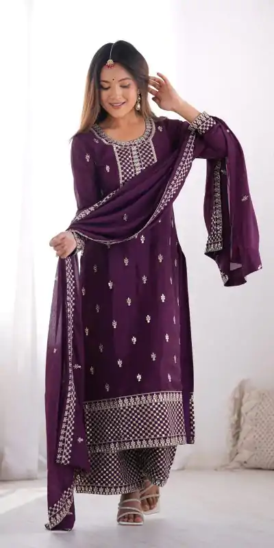 KB 282 Wine Color Chinon Silk Embroidery With Jari Work Salwar Suit Casual, Wedding, Festive, Events . Expected Delivery  4-6 Working Days @1949/- only      | Casual Suits, Jump Suits, Creative suits, Designer Suits, Palazzo Suits, Party Wear Suits, Patiala Suits, Salwar suit, Straight Suits