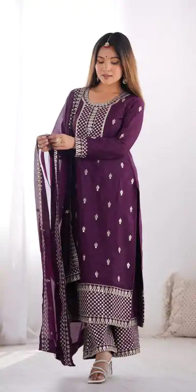 KB 282 Wine Color Chinon Silk Embroidery With Jari Work Salwar Suit Casual, Wedding, Festive, Events . Expected Delivery  4-6 Working Days @1949/- only      | Casual Suits, Jump Suits, Creative suits, Designer Suits, Palazzo Suits, Party Wear Suits, Patiala Suits, Salwar suit, Straight Suits