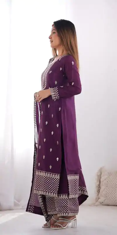 KB 282 Wine Color Chinon Silk Embroidery With Jari Work Salwar Suit Casual, Wedding, Festive, Events . Expected Delivery  4-6 Working Days @1949/- only      | Casual Suits, Jump Suits, Creative suits, Designer Suits, Palazzo Suits, Party Wear Suits, Patiala Suits, Salwar suit, Straight Suits