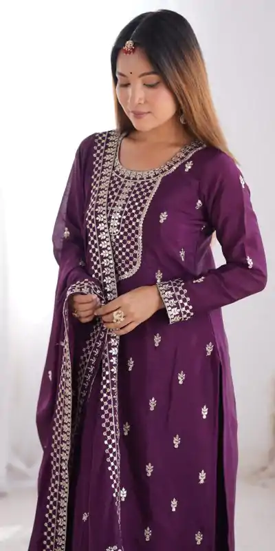 KB 282 Wine Color Chinon Silk Embroidery With Jari Work Salwar Suit Casual, Wedding, Festive, Events . Expected Delivery  4-6 Working Days @1949/- only      | Casual Suits, Jump Suits, Creative suits, Designer Suits, Palazzo Suits, Party Wear Suits, Patiala Suits, Salwar suit, Straight Suits