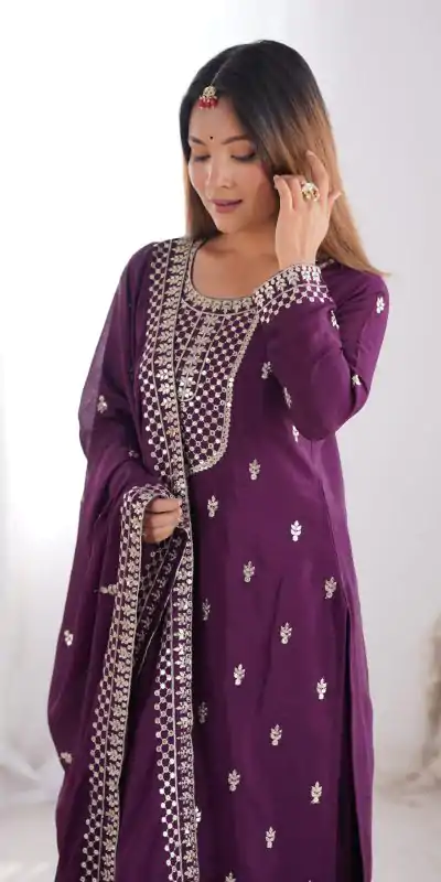 KB 282 Wine Color Chinon Silk Embroidery With Jari Work Salwar Suit Casual, Wedding, Festive, Events . Expected Delivery  4-6 Working Days @1949/- only      | Casual Suits, Jump Suits, Creative suits, Designer Suits, Palazzo Suits, Party Wear Suits, Patiala Suits, Salwar suit, Straight Suits