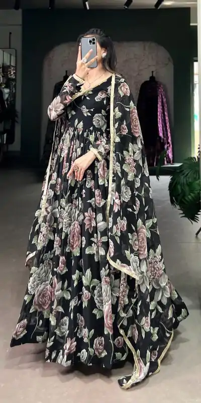 YNF 5103 Black Color Marble Floral Print Lace Touch Up Gown Casual, Wedding, Party, Festive, Events Etc. Expected Delivery 4-6 Working Days @1799/- | Bollywood Gowns, Creative Gowns, Designer Gowns, Embroidered Gowns, Gowns, Party Wear Gowns