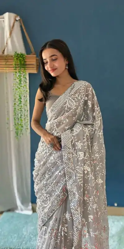 JR 629 Grey Color Georgette Sequence Work Saree Casual, Wedding, Festive, Events . Expected Delivery  4-6 Working Days @1749/- only                                                                                                                                           | Embroidered Sarees, Bollywood Sarees, Creative Sarees, Designer Sarees, Ethnic Saree, Modern Digital sarees, Party Wear Sarees, Sarees