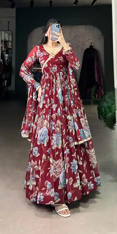 YNF 5103 Maroon Color Marble Floral Print Lace Touch Up Gown Casual, Wedding, Party, Festive, Events Etc. Expected Delivery 4-6 Working Days @1799/- | Bollywood Gowns, Creative Gowns, Designer Gowns, Embroidered Gowns, Gowns, Party Wear Gowns