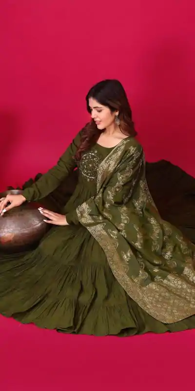 ZSR 3107 Mehandi Color Roman Silk With Embroidery Sequence Work Anarkali Gown Wedding Party, Festive, Events Etc.4-6 Working Days@1799/- only | Bollywood Gowns, Creative Gowns, Designer Gowns, Embroidered Gowns, Gowns, Party Wear Gowns, Straight Suits