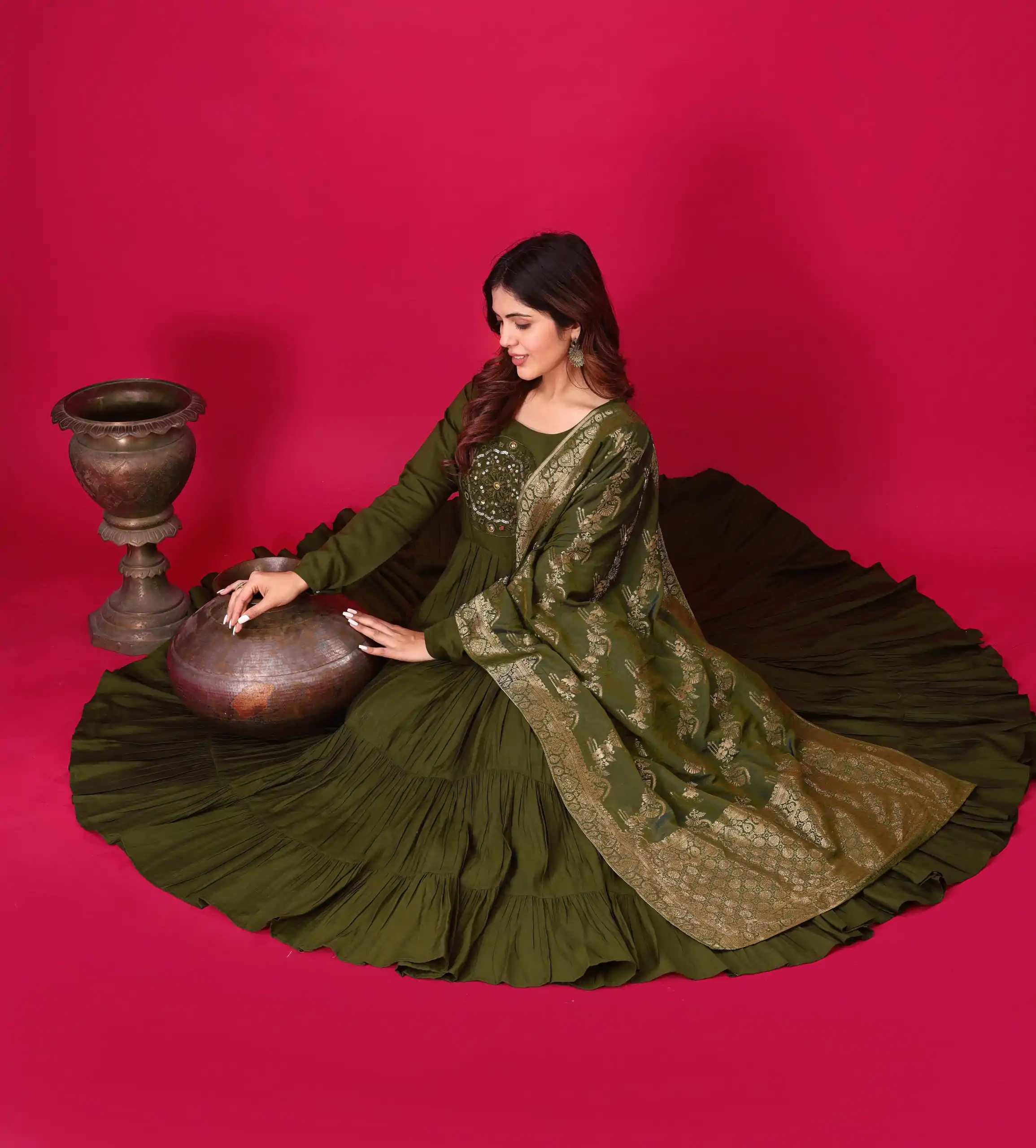 ZSR 3107 Mehandi Color Roman Silk With Embroidery Sequence Work Anarkali Gown Wedding Party, Festive, Events Etc.4-6 Working Days@1799/- only | Bollywood Gowns, Creative Gowns, Designer Gowns, Embroidered Gowns, Gowns, Party Wear Gowns, Straight Suits