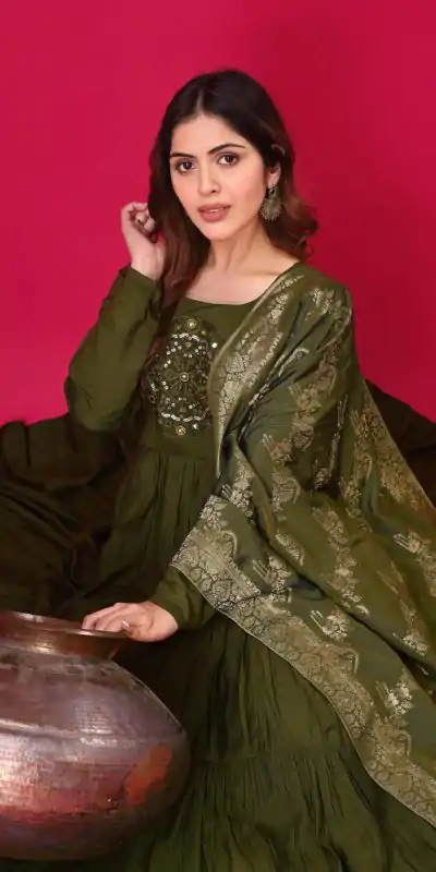 ZSR 3107 Mehandi Color Roman Silk With Embroidery Sequence Work Anarkali Gown Wedding Party, Festive, Events Etc.4-6 Working Days@1799/- only | Bollywood Gowns, Creative Gowns, Designer Gowns, Embroidered Gowns, Gowns, Party Wear Gowns, Straight Suits