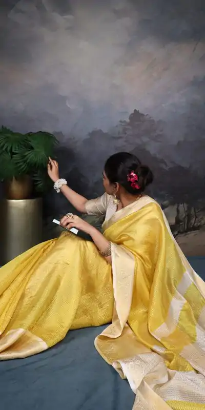 YNF 7403 Yellow Color Jacquard Chex Zari Weaving Work Saree Casual, Wedding, Festive, Events . Expected Delivery  4-6 Working Days @1499/- only                                                                                                                                             | Embroidered Sarees, Bollywood Sarees, Creative Sarees, Designer Sarees, Ethnic Saree, Modern Digital sarees, Party Wear Sarees, Sarees