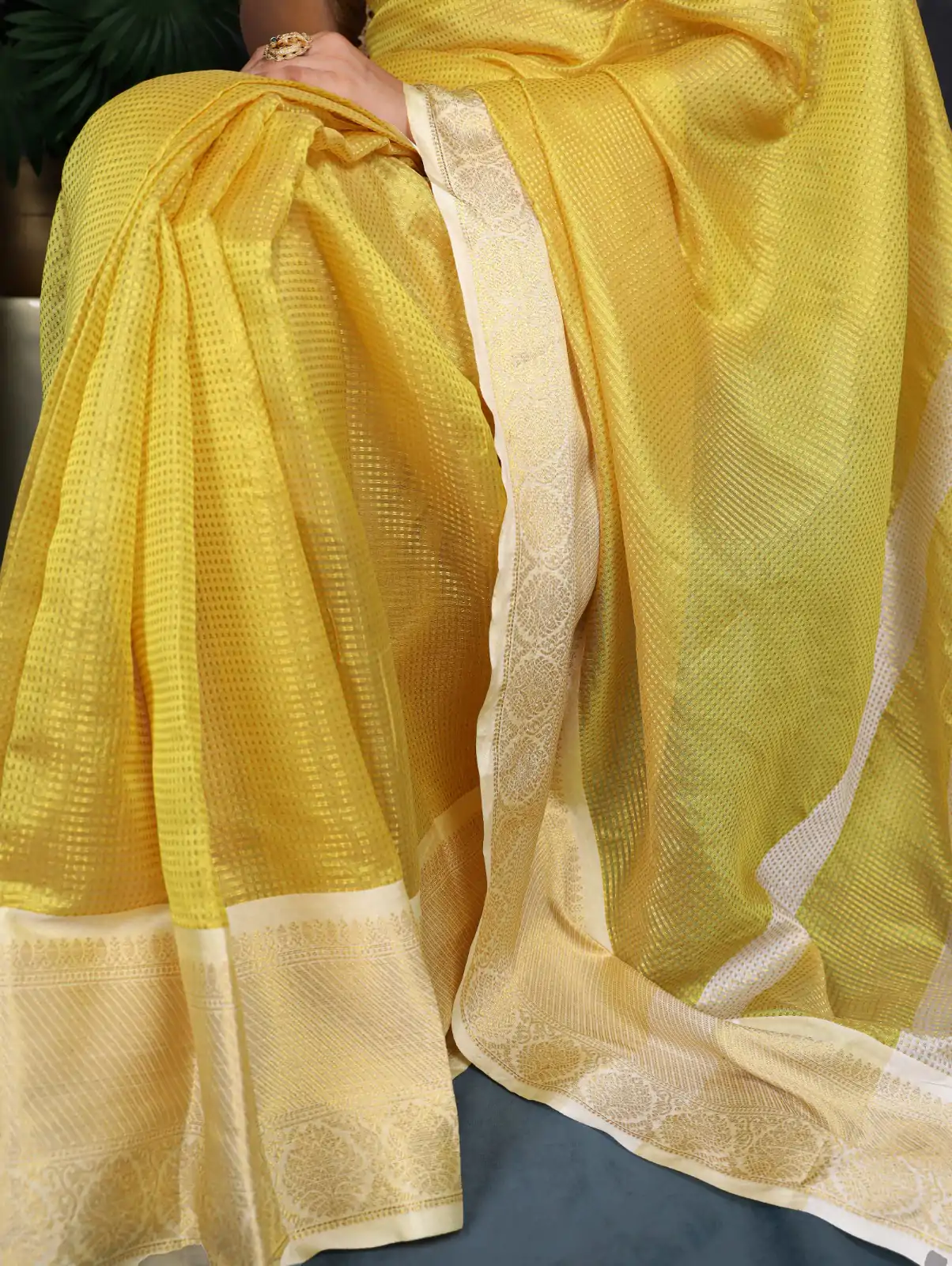 YNF 7403 Yellow Color Jacquard Chex Zari Weaving Work Saree Casual, Wedding, Festive, Events . Expected Delivery  4-6 Working Days @1499/- only                                                                                                                                             | Embroidered Sarees, Bollywood Sarees, Creative Sarees, Designer Sarees, Ethnic Saree, Modern Digital sarees, Party Wear Sarees, Sarees