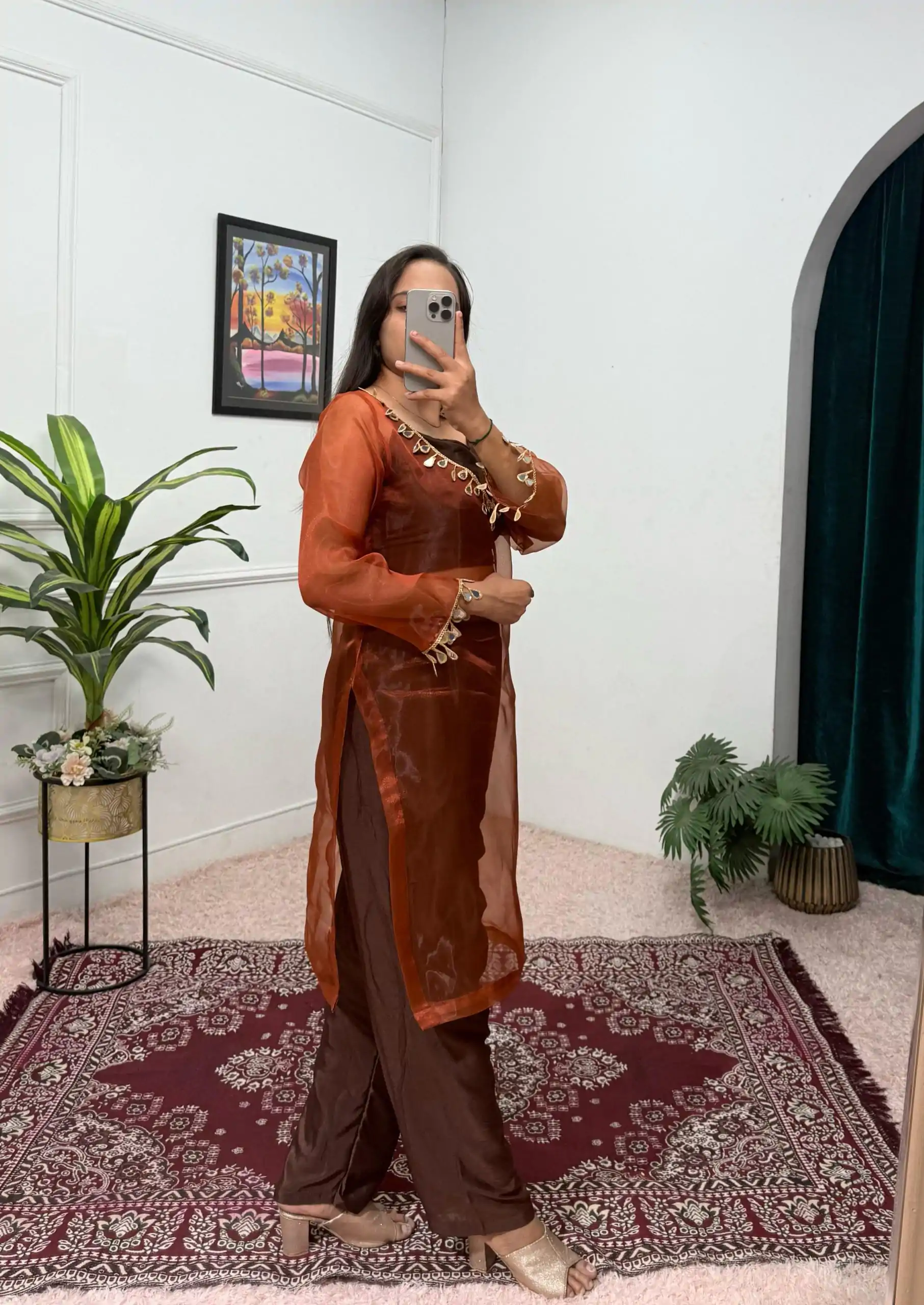 ST 1100 Brown Color Organza Mirror Lace Work Salwar Suit Casual, Wedding, Festive, Events . Expected Delivery  4-6 Working Days @1699/- only      | Casual Suits, Jump Suits, Creative suits, Designer Suits, Palazzo Suits, Party Wear Suits, Patiala Suits, Salwar suit, Straight Suits