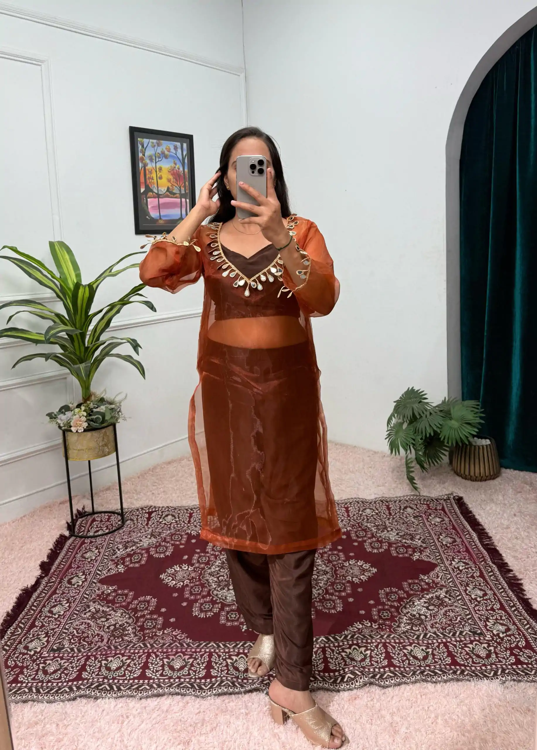 ST 1100 Brown Color Organza Mirror Lace Work Salwar Suit Casual, Wedding, Festive, Events . Expected Delivery  4-6 Working Days @1699/- only      | Casual Suits, Jump Suits, Creative suits, Designer Suits, Palazzo Suits, Party Wear Suits, Patiala Suits, Salwar suit, Straight Suits