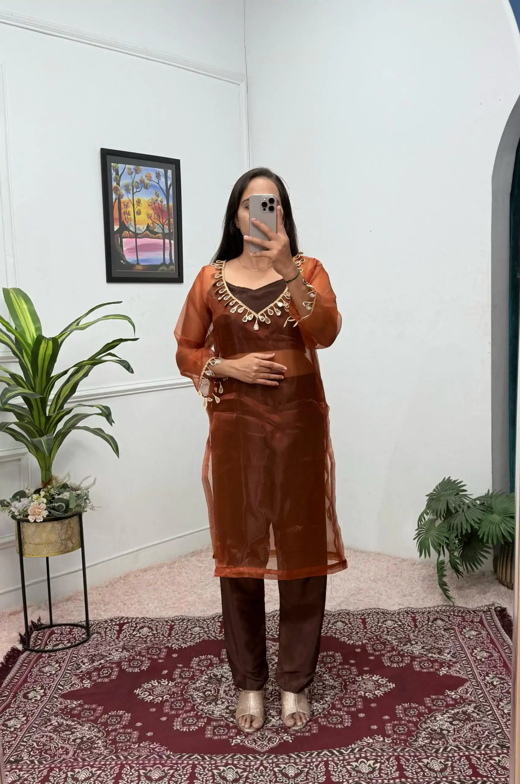 ST 1100 Brown Color Organza Mirror Lace Work Salwar Suit Casual, Wedding, Festive, Events . Expected Delivery  4-6 Working Days @1699/- only      | Casual Suits, Jump Suits, Creative suits, Designer Suits, Palazzo Suits, Party Wear Suits, Patiala Suits, Salwar suit, Straight Suits