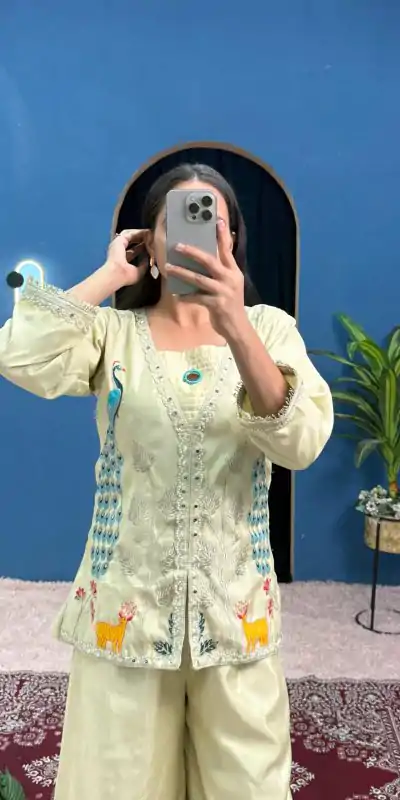 ST 1095 Light Pista Color Shimmer Embroidery Moti With Mirror Salwar Suit Casual, Wedding, Party, Festive, Events Etc.4-6 Working Days@ 1899/-only | Casual Suits, Jump Suits, Creative suits, Designer Suits, Palazzo Suits, Party Wear Suits, Patiala Suits, Salwar suit, Straight Suits