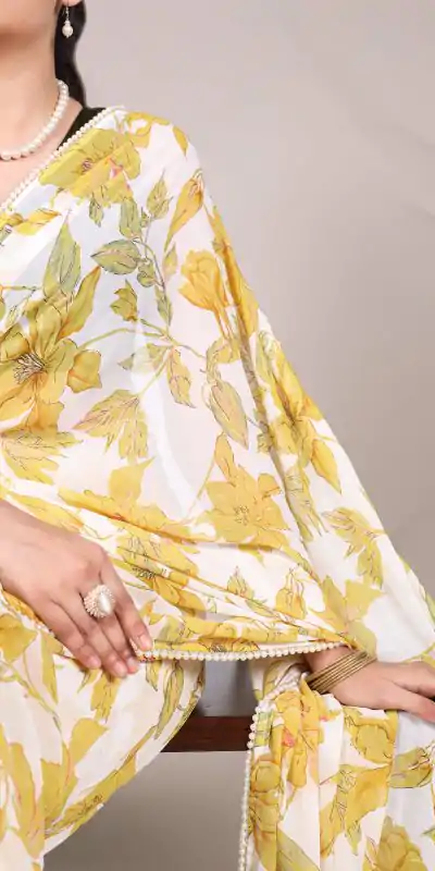 YNF 7006 Yellow Color Weightless Marble Floral Print Pearl Lace Border Saree , Wedding, Festive, Events . Expected Delivery  4-6 Working Days @1599/- only                                                                                                                                             | Embroidered Sarees, Bollywood Sarees, Creative Sarees, Designer Sarees, Ethnic Saree, Modern Digital sarees, Party Wear Sarees, Sarees
