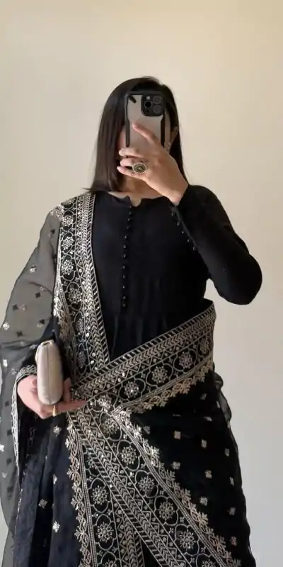 KD 1502 Black Chinon Silk With Inner Plain Anarkali Gown Casual, Wedding, Festive, Events . Expected Delivery  4-6 Working Days @1999/- only      | Casual Suits, Jump Suits, Creative suits, Designer Suits, Palazzo Suits, Party Wear Suits, Patiala Suits, Salwar suit, Straight Suits