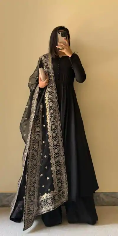 KD 1502 Black Chinon Silk With Inner Plain Anarkali Gown Casual, Wedding, Festive, Events . Expected Delivery  4-6 Working Days @1999/- only      | Casual Suits, Jump Suits, Creative suits, Designer Suits, Palazzo Suits, Party Wear Suits, Patiala Suits, Salwar suit, Straight Suits
