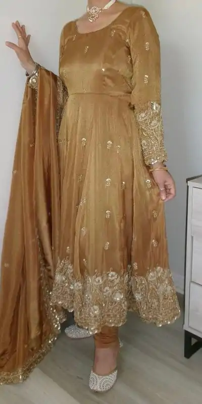 ZF 412 Gold Color Barbari Silk With Embroidery Work Gown Casual, Wedding, Party, Festive, Events Etc.4-6 Working Days@ 2149/-only | Bollywood Gowns, Creative Gowns, Designer Gowns, Embroidered Gowns, Gowns, Party Wear Gowns