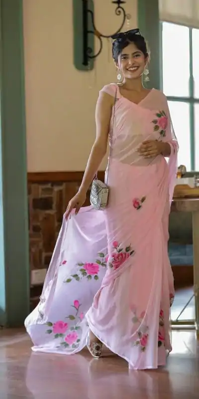 SC 405 Pink Color Soft Georgette Silk All Over Saree Casual, Wedding, Festive, Events . Expected Delivery  4-6 Working Days @1599/- only                                                                                                                                           | Embroidered Sarees, Bollywood Sarees, Creative Sarees, Designer Sarees, Ethnic Saree, Modern Digital sarees, Party Wear Sarees, Sarees