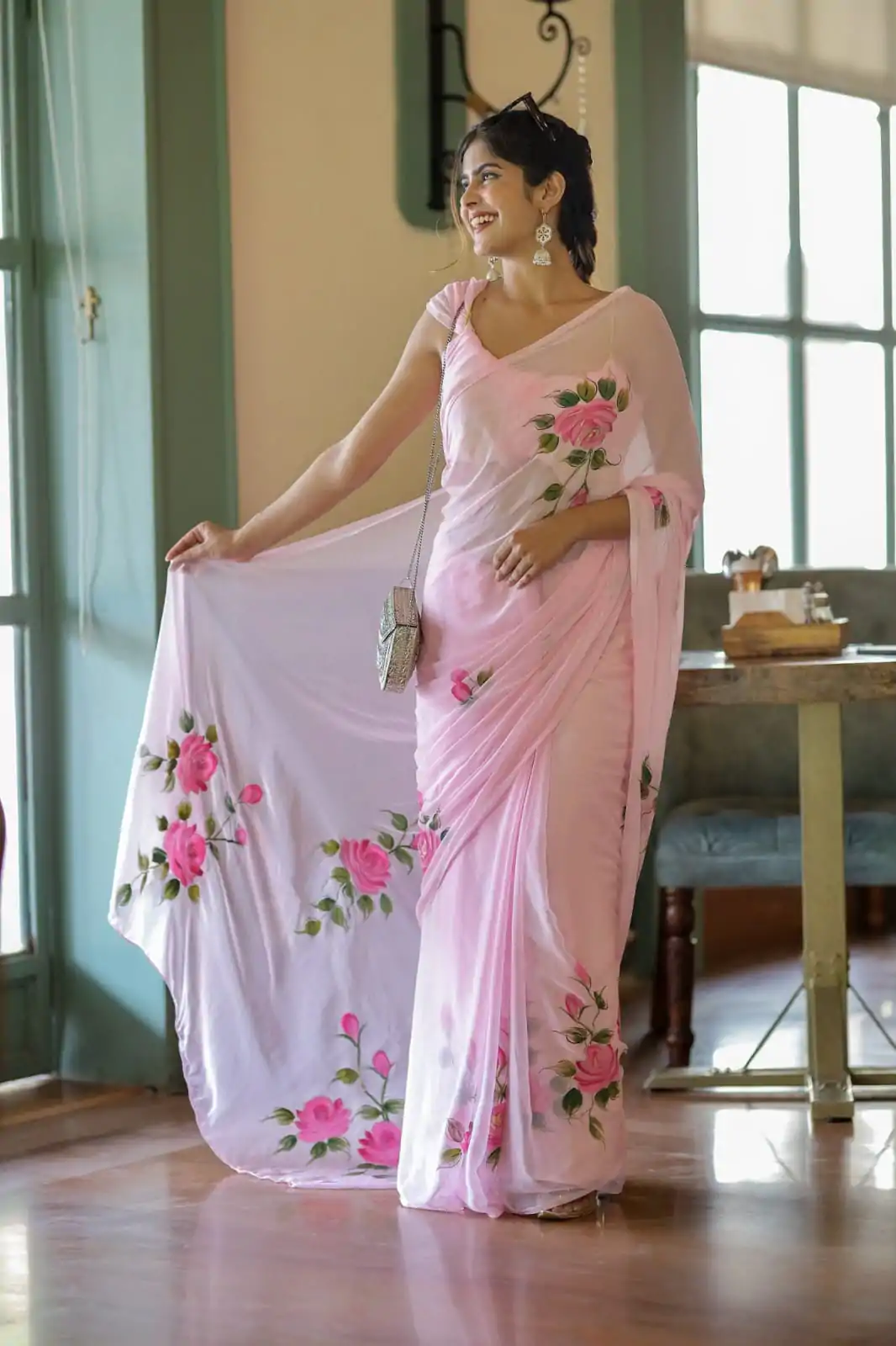 SC 405 Pink Color Soft Georgette Silk All Over Saree Casual, Wedding, Festive, Events . Expected Delivery  4-6 Working Days @1599/- only                                                                                                                                           | Embroidered Sarees, Bollywood Sarees, Creative Sarees, Designer Sarees, Ethnic Saree, Modern Digital sarees, Party Wear Sarees, Sarees